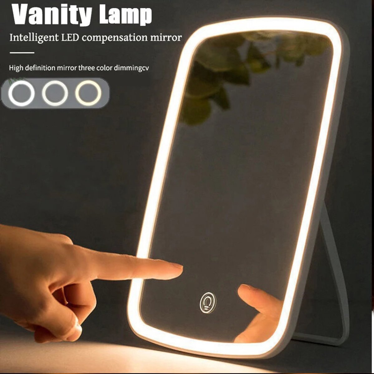 Draagbare make-upspiegel met LED-licht touchscreen, 3-kleuren licht opvouwbaar