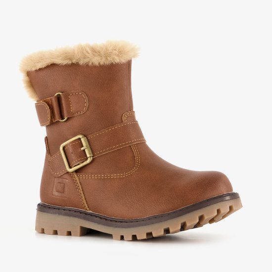 Bruine kinder biker boot met gespen en beige teddy voering. Gekartelde zool.