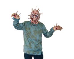 Funny Fashion - Monster & Griezel Kostuum - Horror Masker Spijkers In Hoofd | Man - groen,beige - One Size - Halloween - Verkleedkleding