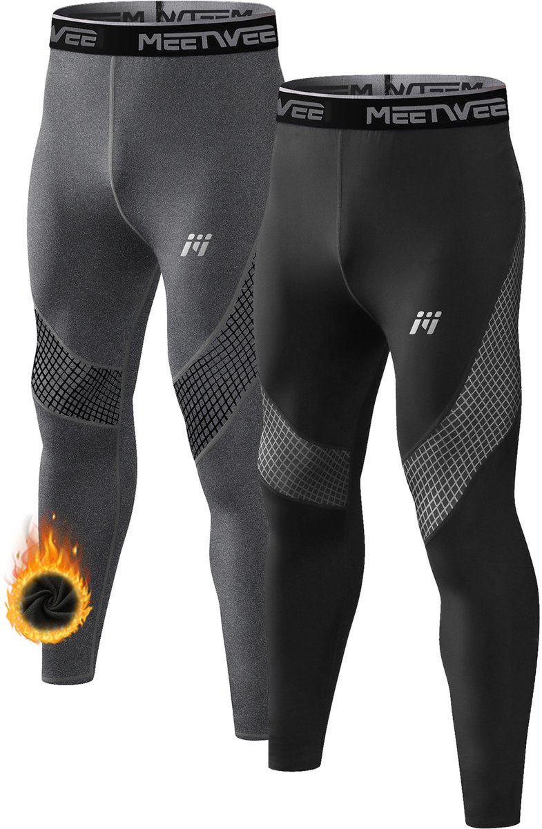 MEETHOO 2 Stuks Thermo Legging Heren- Thermisch Ondergoed - Thermisch Ondergoed - Warme Onderkleding - Heren Thermisch Ondergoed-Zwart/Grijs-M