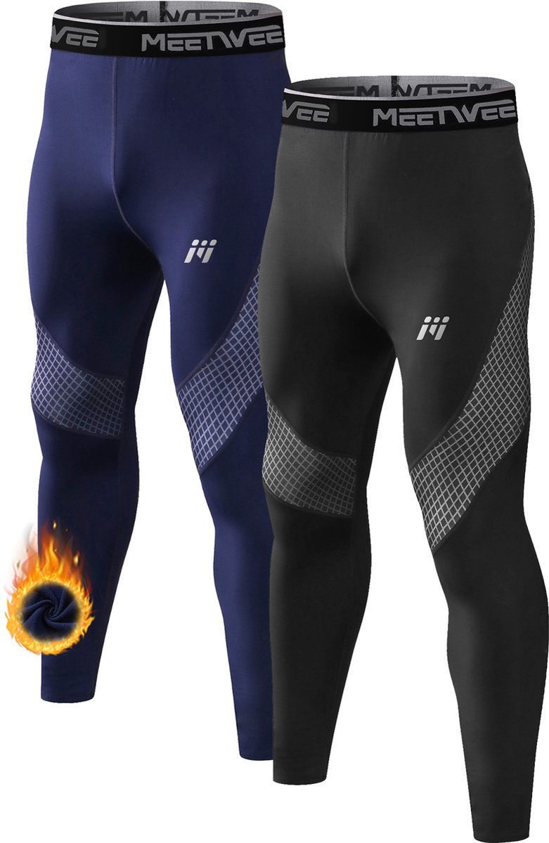MEETHOO 2 Stuks Thermo Legging Heren- Thermisch Ondergoed - Thermisch Ondergoed - Warme Onderkleding - Heren Thermisch Ondergoed-Zwart/Blauw-XL