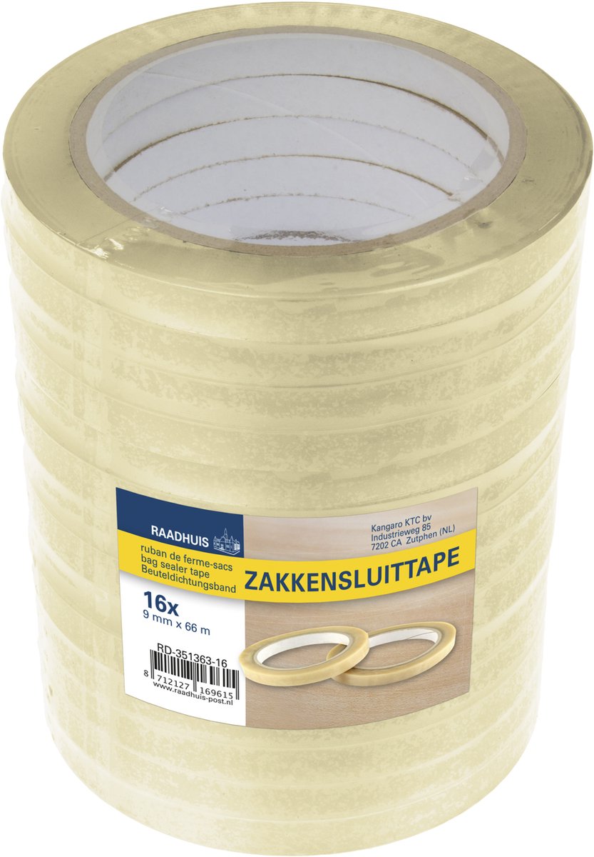 Raadhuis zakkensluittape - transparant PP - 9mm x 66m - krimp met 16 rollen - zakkensluiter tape - RD-351363-16