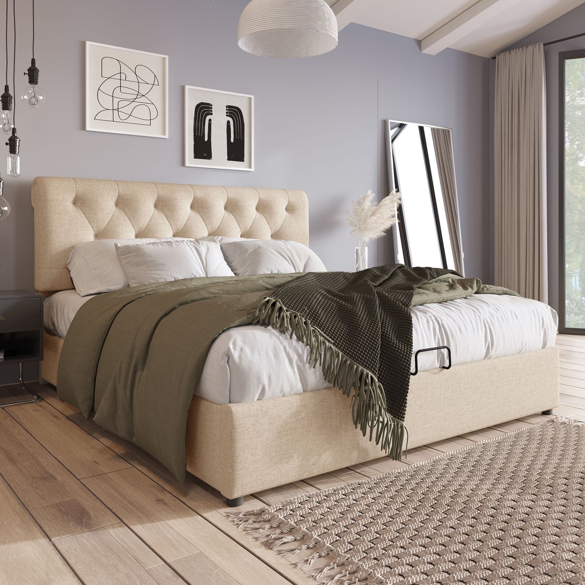 Merax Gestoffeerd bed 140x200 cm - verstelbaar hoofdeinde tweepersoonsbed - metalen frame spijlenbed - met opbergruimte - natuurtint - zonder matras Houtkleur