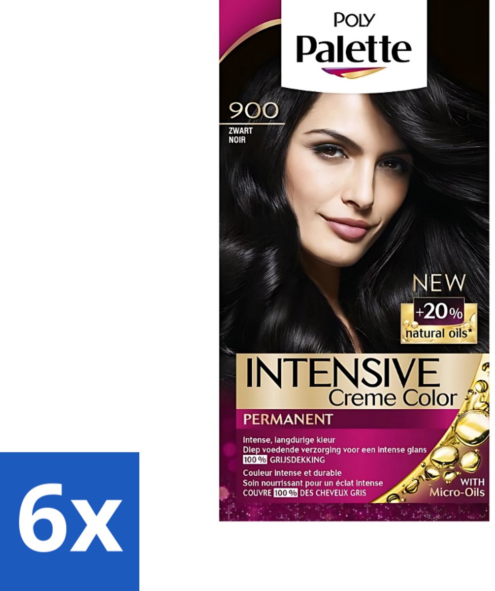 6 x Poly Palette - Haarverf - Zwart 900 - 115ml - Haarverf - Zwarte Haarkleur - Permanente Haarkleuring - Arganolie - Grijsdekking