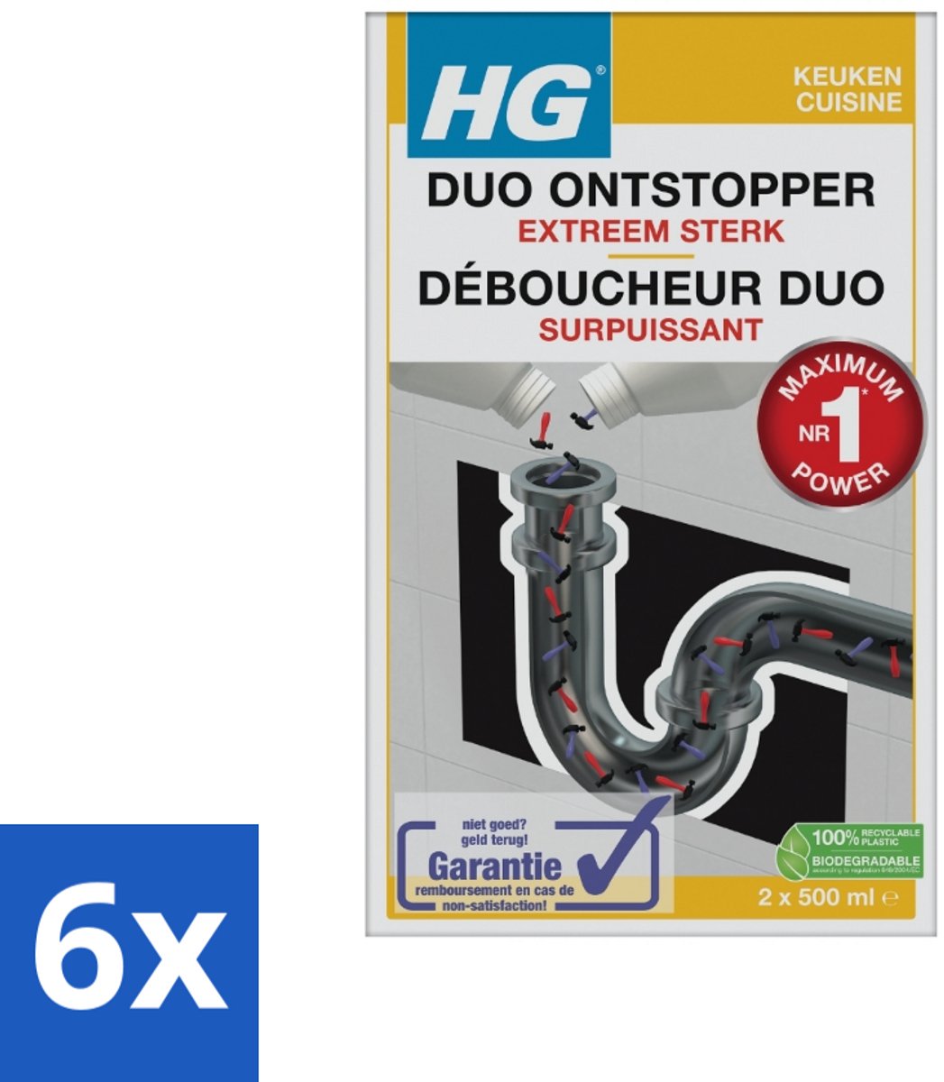 6 x HG Duo Ontstopper 1 liter - Ontstopper - Afvoer Verstopping - Keuken Ontstopper - Badkamer Ontstopper - HG Duo Ontstopper