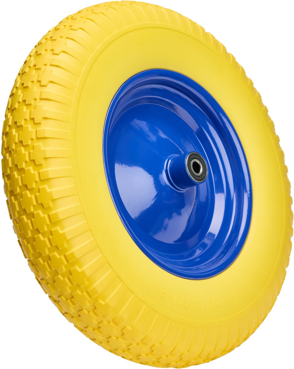 GARRONDA - PU Massief Wiel 4.80/4.00-8 lekvrij onderhoudsvrij tot 100 kg Kruiwagenwiel Vervangwiel Kruiwagen met As Stalen Velg Kogellager voor Tuinwagen Erf Bouwplaats GD-0165, Geel-Blauw
