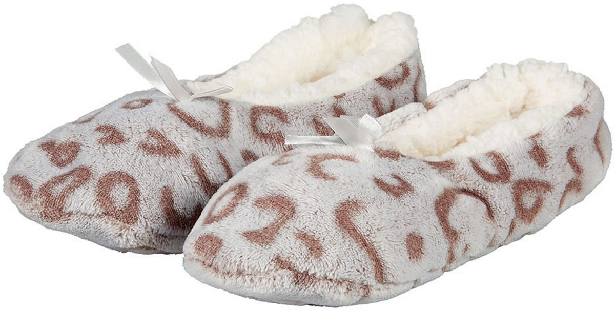 Apollo ballerina sloffen - fleece - beige - antislip - dierenprint - voor dames - voering wol 37-39