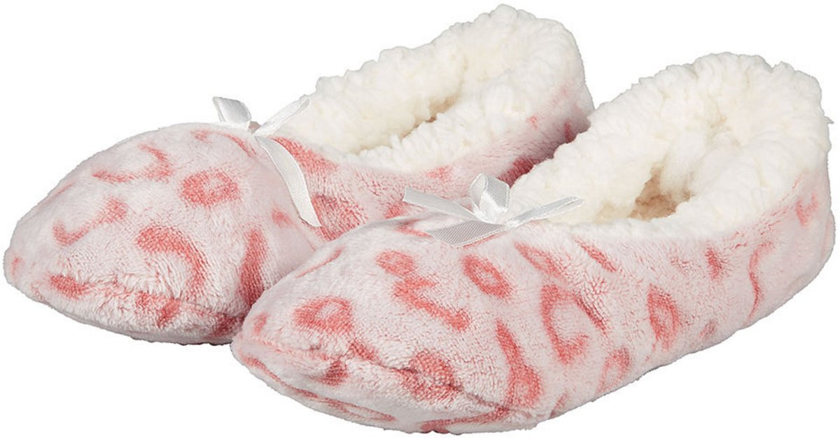 Apollo ballerina sloffen - fleece - roze - antislip - dierenprint - voor dames - voering wol 37-39