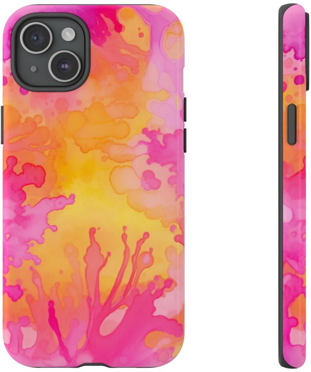 Roze en Oranje Abstracte Inktspatten – Telefoonhoesje Geschikt voor iPhone 15 Plus