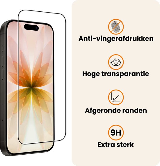 iPhone met screenprotector. Kenmerken: anti-vingerafdruk, hoge transparantie, afgeronde randen, 9H extra sterk.