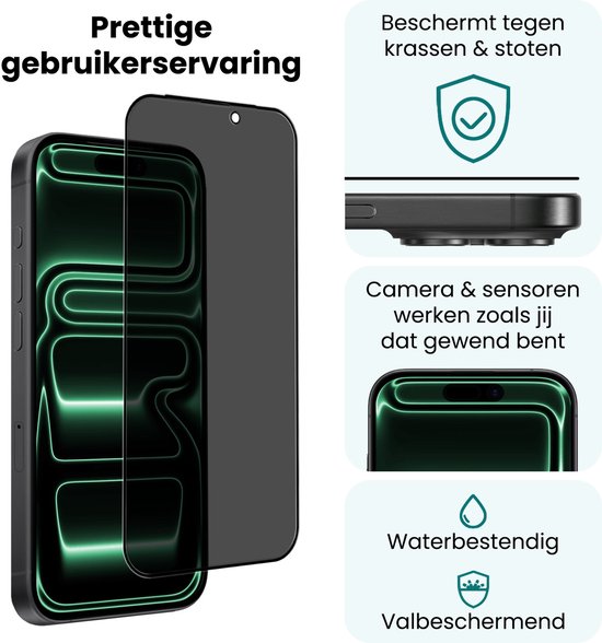 Een iPhone met een privacy screenprotector. Rechts met icoontjes voor kras- en stootschade, werking camera/sensoren, waterbestendig en valbeschermend.