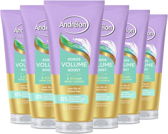 Andrélon 1 Minuut WOW Haarmasker - Kokos Volume Boost - verrijkt met kokosextract en aloë vera - 6 x 180 ml