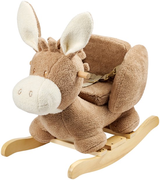 Beige ezeltje hobbelpaard met zachte vacht en houten onderstel.