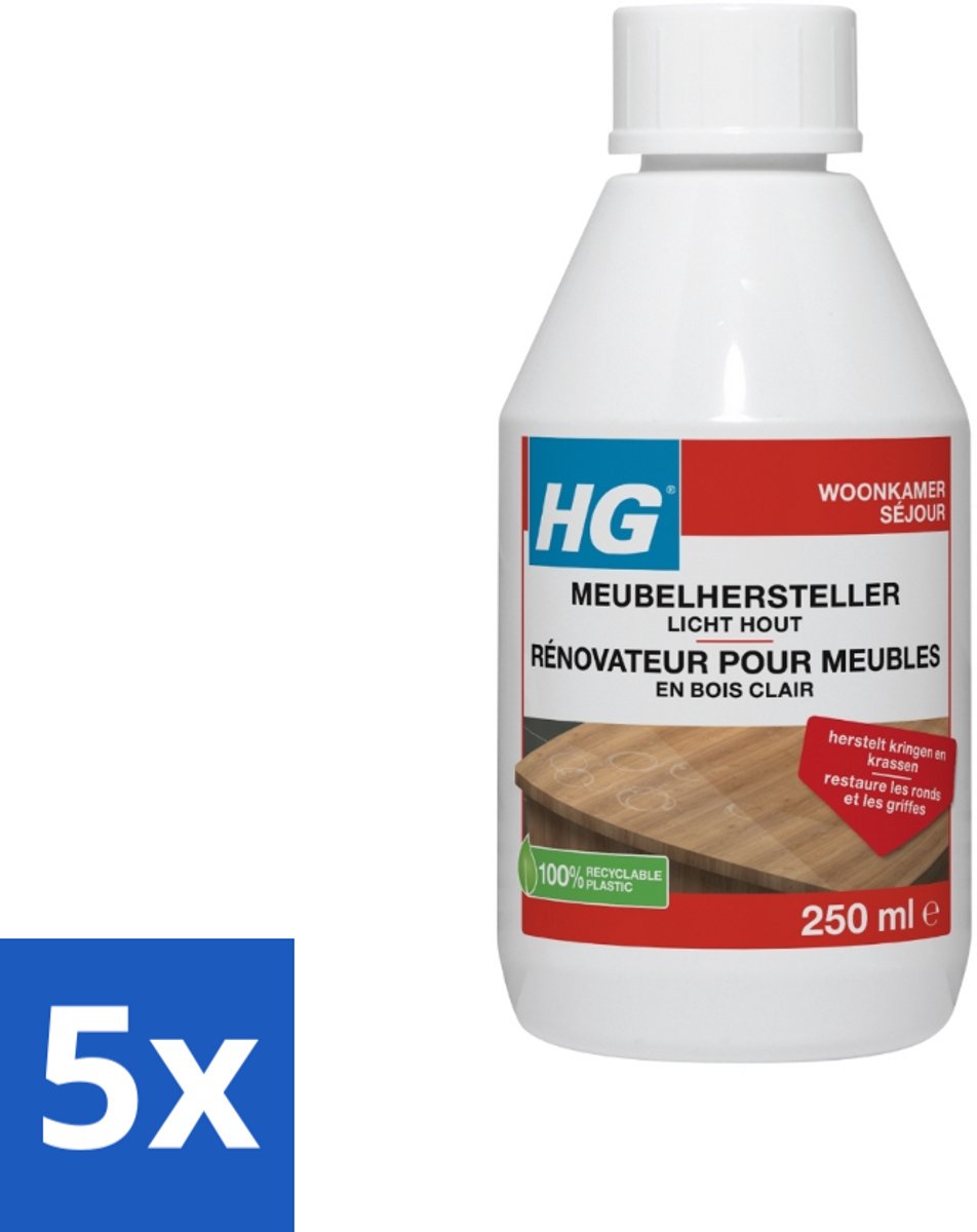 5 x HG - Meubelhersteller Licht Hout - Herstelt Natuurlijke Kleur & Glans - 250 ml - Voordeelverpakking - 5 stuks