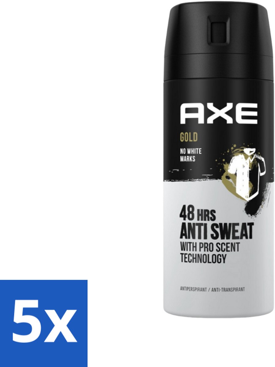 5 x Axe - Deodorant Spray - 72hrs Anti Sweat - Anti White Marks - Gold - 150 ml - Anti Transpirant Spray - 72 Uur Bescherming - Zweetvoorkomend - Witte Strepen Voorkomen - Oud Wood Geur