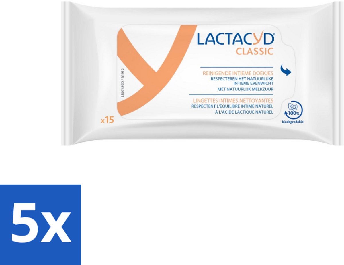 5 x Lactacyd Tissues Verzorgend 15 stuks per verpakking - Intieme Doekjes - Reiniging Intieme Zone - Biologisch Afbreekbaar - Allantoïne - Melkzuur
