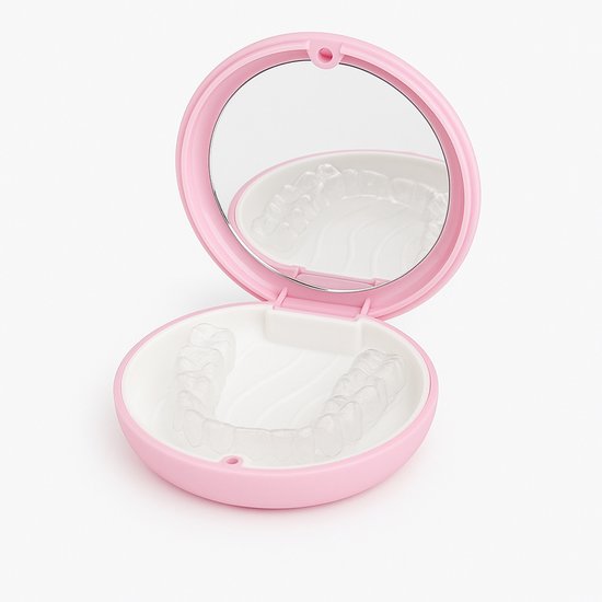 Foto: Invisalign doosje premium roze aligner retainer case bakje voor nachtbeugel knarsbitje met spiegel sterke magneetsluiting