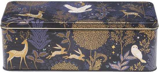 Boîte de conservation rectangulaire bleu foncé avec cerfs dorés, lièvres, hiboux, un oiseau et des étoiles dans une scène forestière.
