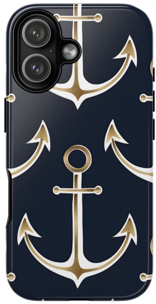 Gouden Ankers op Donkerblauwe Achtergrond – Telefoonhoesje Geschikt voor iPhone 17