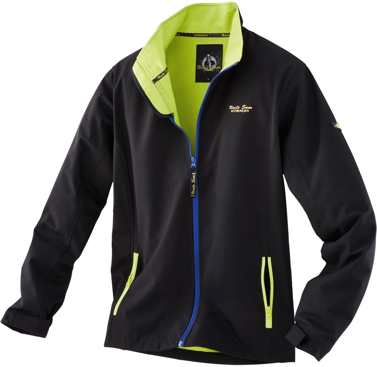 Uncle Sam kleding Softshell jas zwart/koningsblauw/limoengroen