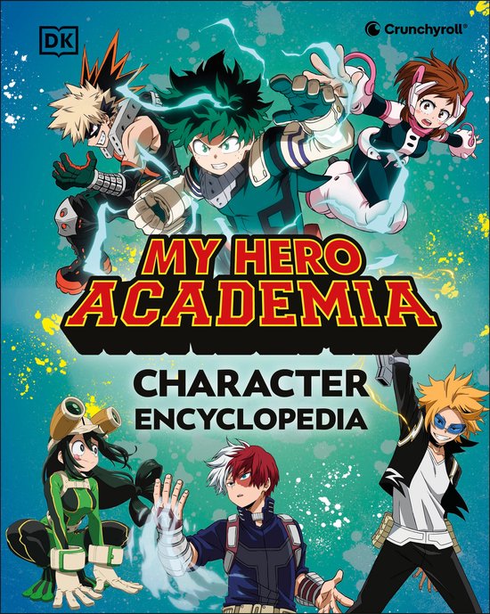 Personnages de manga Izuku Midoriya, Katsuki Bakugo, Ochaco Uraraka, Tsuyu Asui, Shoto Todoroki et Denki Kaminari, avec le titre 'My Hero Academia Character Encyclopedia'