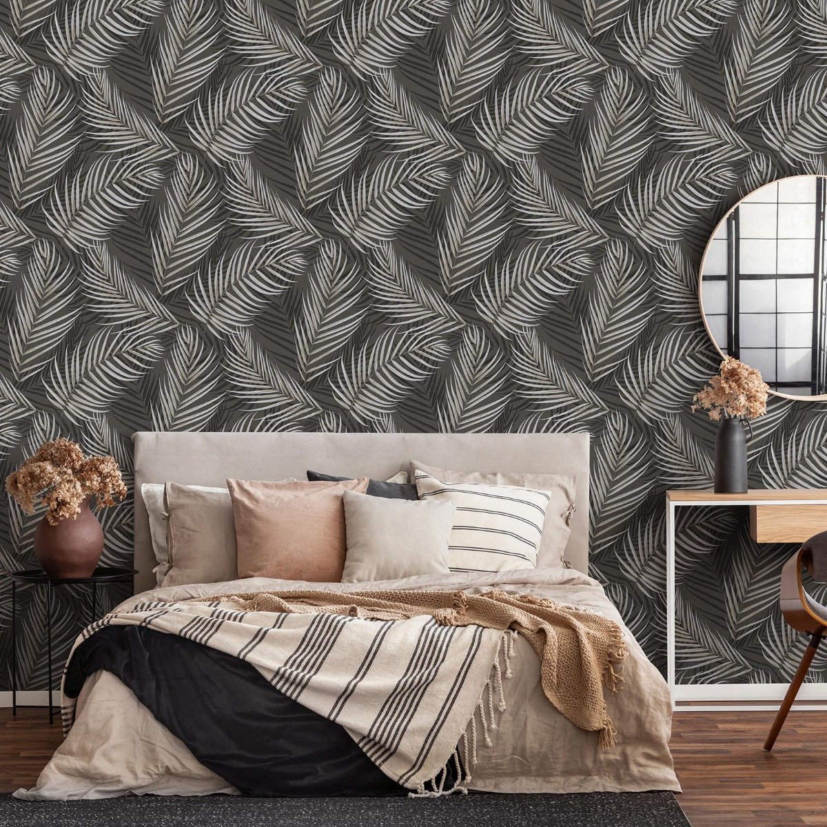 Tropisch behang, Ideaal voor woonkamer en slaapkamer, Eva Zwart Zilver behang in bladeren stijl, BRICOFLOR.NL