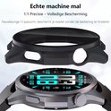 Zwart smartwatch hoesje boven een smartwatch met een helder display en turquoise accenten.