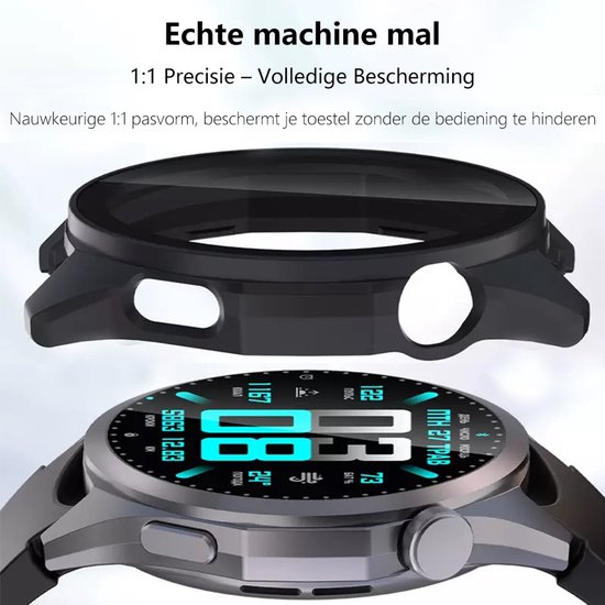 Zwart smartwatch hoesje boven een smartwatch met een helder display en turquoise accenten.