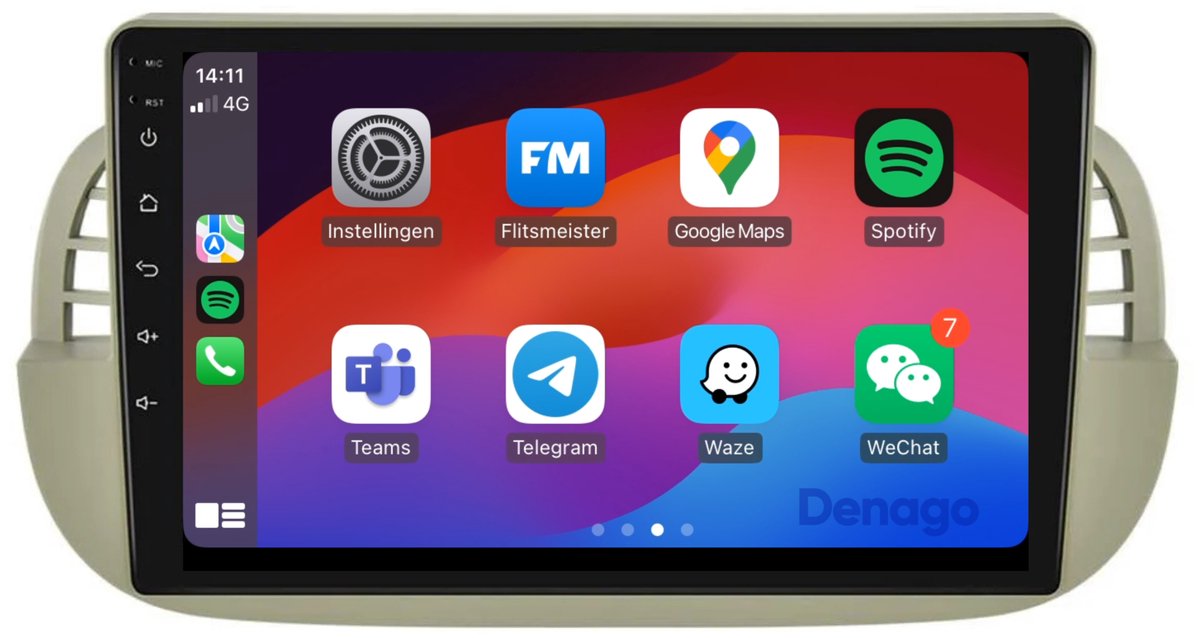 CarPlay autoradio geschikt voor Fiat 500 | 2007 t/m 2015 | Beige frame | Android 13 | Draadloos Apple CarPlay & Android Auto | 2GB + 32GB | QuadCore processor | Denago DNG-A54 | 2025 model | 2007 2008 2009 2010 2011 2012 2013 2014 2015 | Bluetooth &