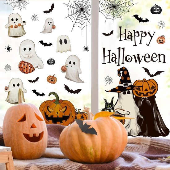 6 stuks Halloween raamstickers set, herbruikbare statische PVC raamdecoratie, dubbelzijdig bedrukt, spook, pompoen, vleermuis, spin, zwarte kat, retro Halloween raamfolie voor woonkamer, glas, winkel, feest en herfst decoratie
