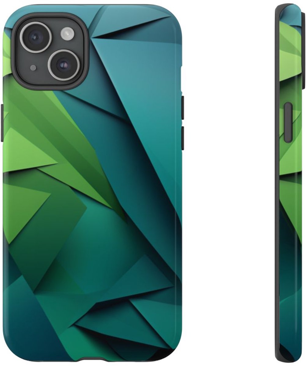 Geometrische Groene en Blauwe Driehoeken – Telefoonhoesje Geschikt voor iPhone 15 Plus