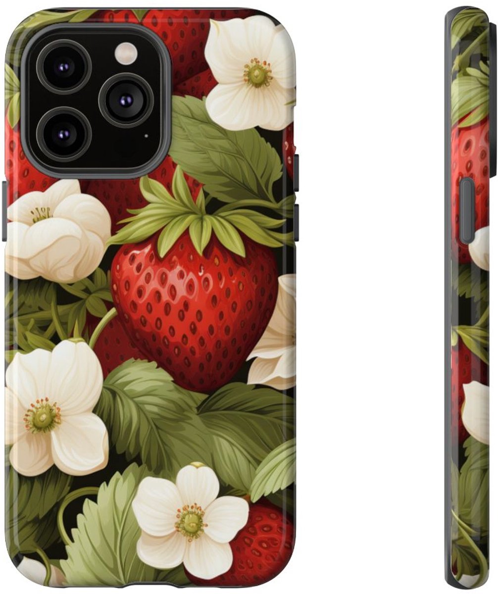 Aardbeienpatroon met Witte Bloemen – Telefoonhoesje Geschikt voor iPhone 14 Pro Max