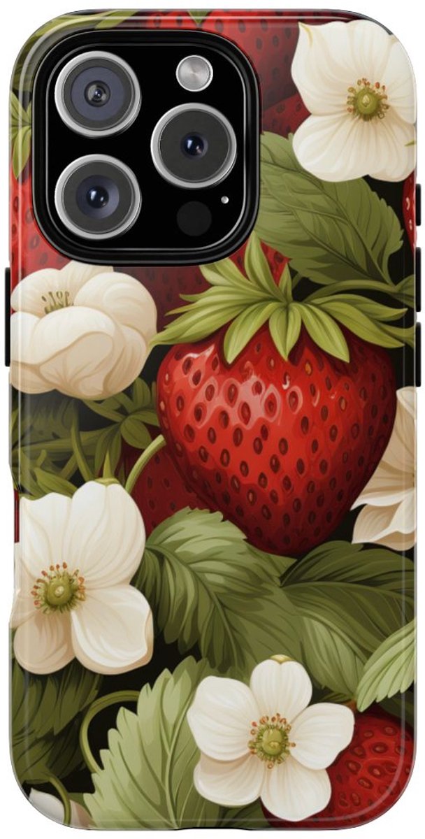 Aardbeienpatroon met Witte Bloemen – Telefoonhoesje Geschikt voor iPhone 16 Pro