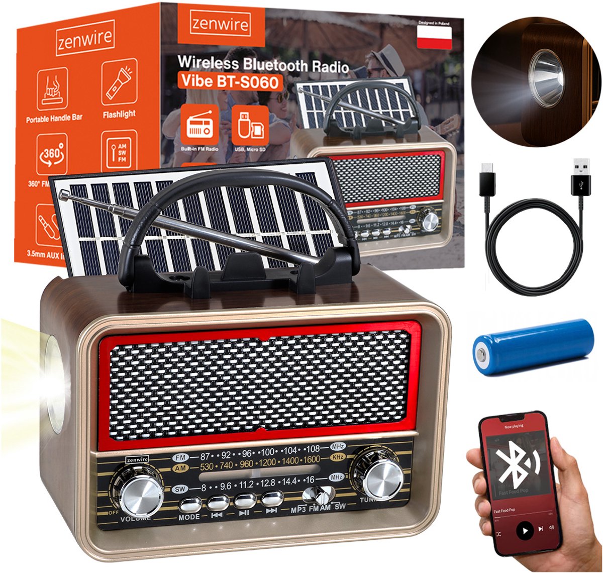 Zenwire Vibe BT-S060 - Draagbare FM-radio - Bluetooth 5.1 - Retro - Houder - 3 banden - Zonnepaneel - USB-C - micro SD - Zaklamp - 1200 mAh-batterij inbegrepen - Telescopische antenne - MP3 - USB Type-C