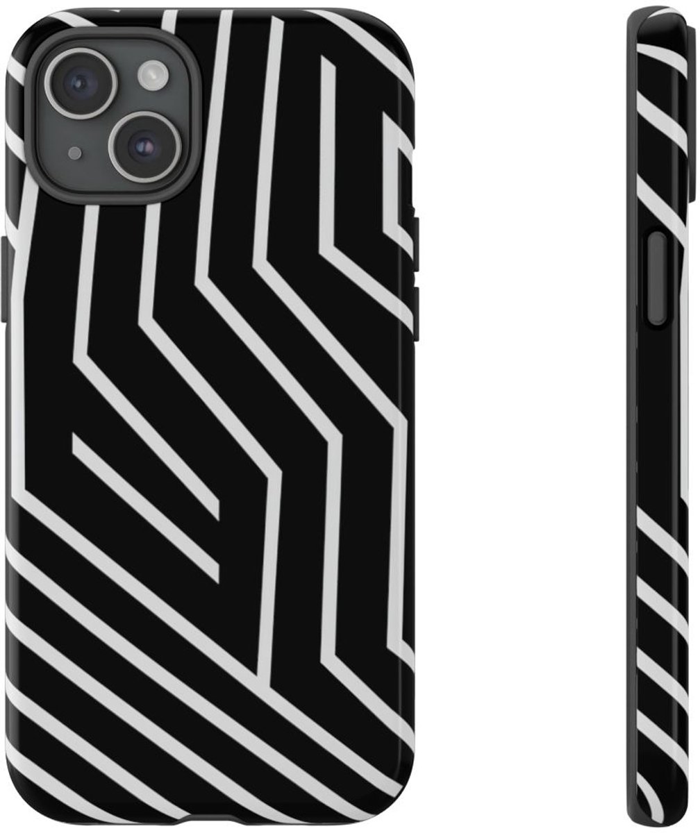 Zwart-Wit Geometrisch Lijnpatroon – Telefoonhoesje Geschikt voor iPhone 15 Plus
