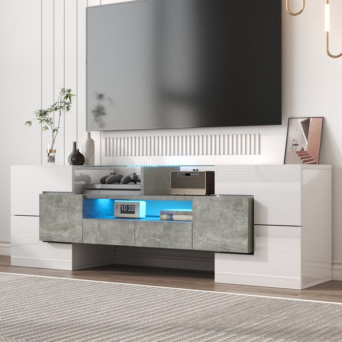 HAUSS SPOLE TV meubel - TV-Kast Met LED-Verlichting En Stauraum - Modern Design Met Glazen Oppervlakte - 145 x 30 x 51 cm - Spaanplaat + MDF + Glas - Wit