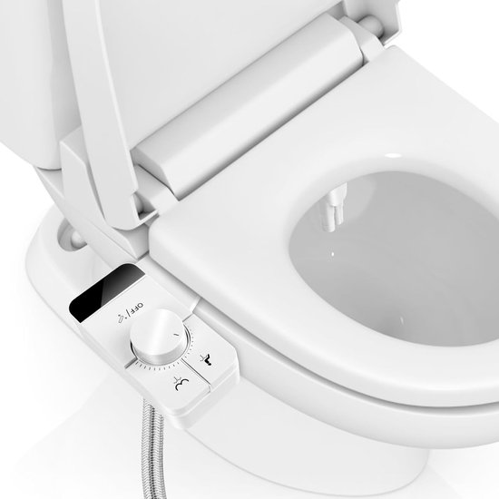 Dichtbij de witte bidet-opzet met bedieningsknop op een toilet.