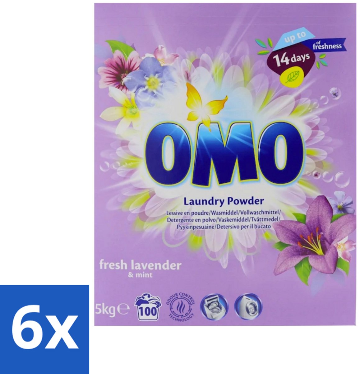 6 x Omo - Waspoeder - Lavendel & Mint - 5 kg - 100 Wasbeurten - Wasmiddel - Waspoeder - Lavendel En Mint - Wasbeurt - Wasgoed