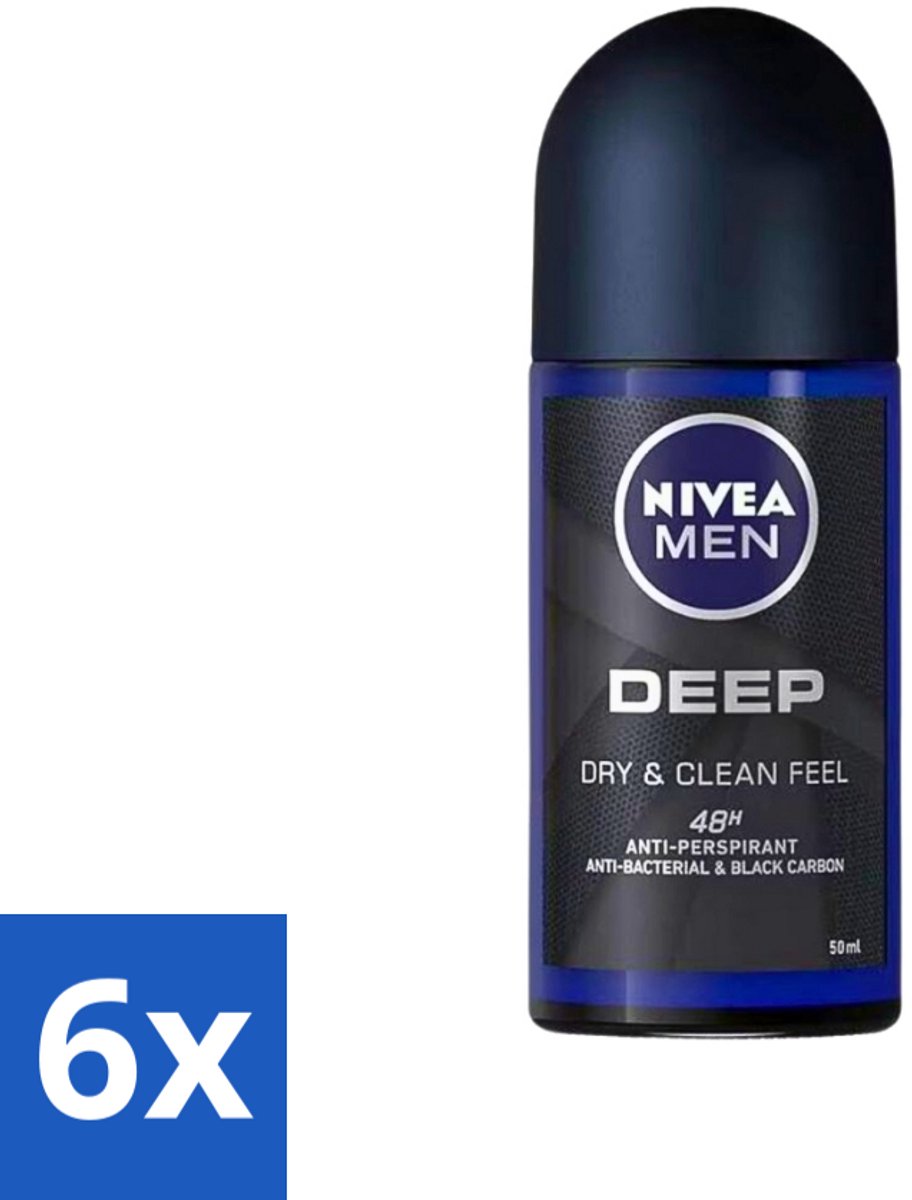 6 x Nivea - Deo Roll-On - Men - Deep - 48 Uur Lang Werkend - 50 ml - NIVEA MEN Deep Deodorant Roller - Anti-transpirant - 48 Uur Bescherming - Actieve Kool - Zweetbestendig