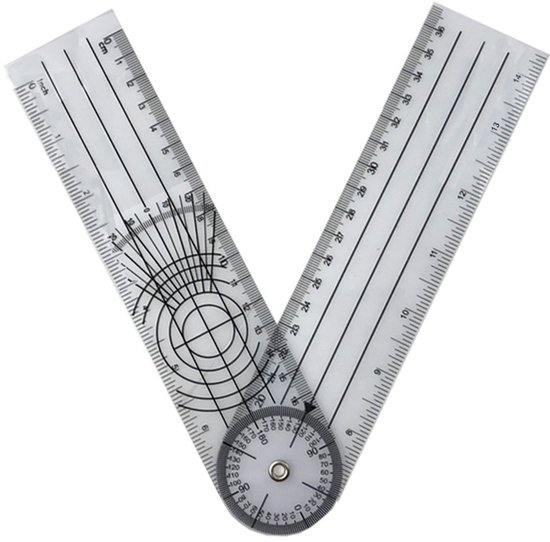 Foto: Goniometer hoekmeter meeteenheid in centimeters 0 tot 360 per 2 gradenboog geneeskunde lichamelijk onderzoek fysiometer meetinstrument bewegingsonderzoek fysiotherapie inclinometer uitslagmeter 17 5 4 5cm