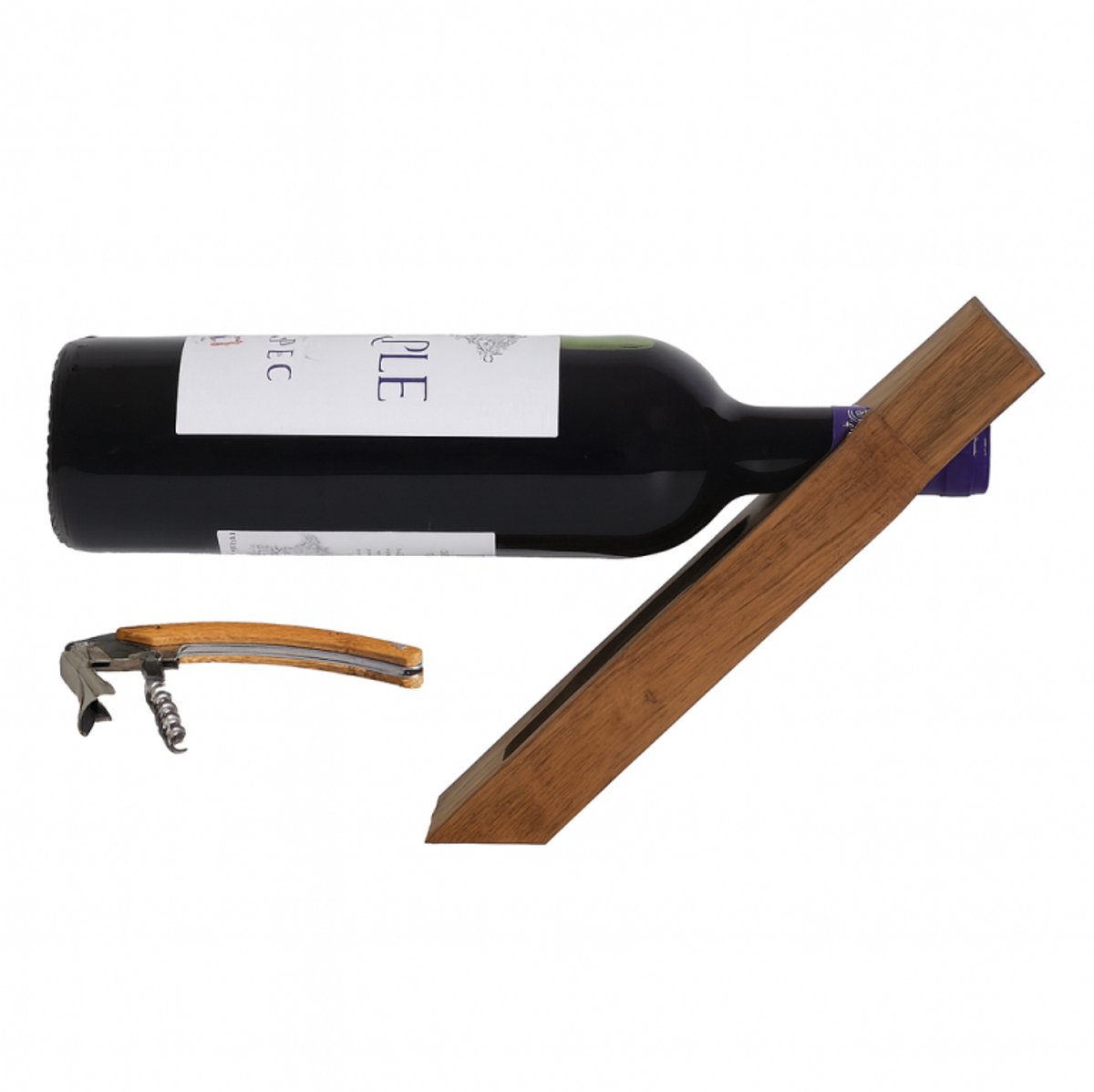 Wijnfleshouder Invisible Balance – Acaciahout – 26,5 cm – Inclusief RVS Kurkentrekker