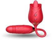 De Roos - 2 in 1 Tong Vibrator met Stotende Dildo - Gspot Stimulator - Clitoris - seksspeeltje - sex toy - luchtdruk - Rood