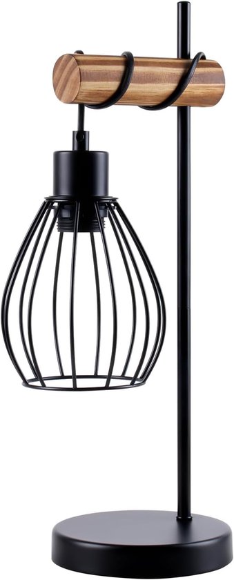 Glitzerlife Vintage Houten Tafellamp - Retro Industrieel - Zwart Metaal & Hout - Nachtkastlamp/Woonkamerlamp met E27-fitting (excl. lamp)