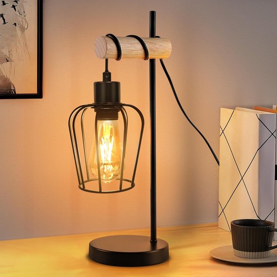 Glitzerlife - Vintage Industrieel Hout - Tafellamp - Zwart Metaal - 1-lichts Schemerlampje Slaapkamer met E27 Fitting - Retro Design - Voor Woonkamer, Slaapkamer, Hotel - Exclusief lamp