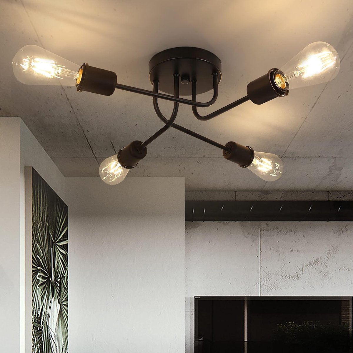 Glitzerlife - Plafondlamp - 4-lichts E27 Fitting Zwart - Vintage Retro Industrieel Rustiek Design voor Woonkamer Slaapkamer Eetkamer - Exclusief Lichtbron
