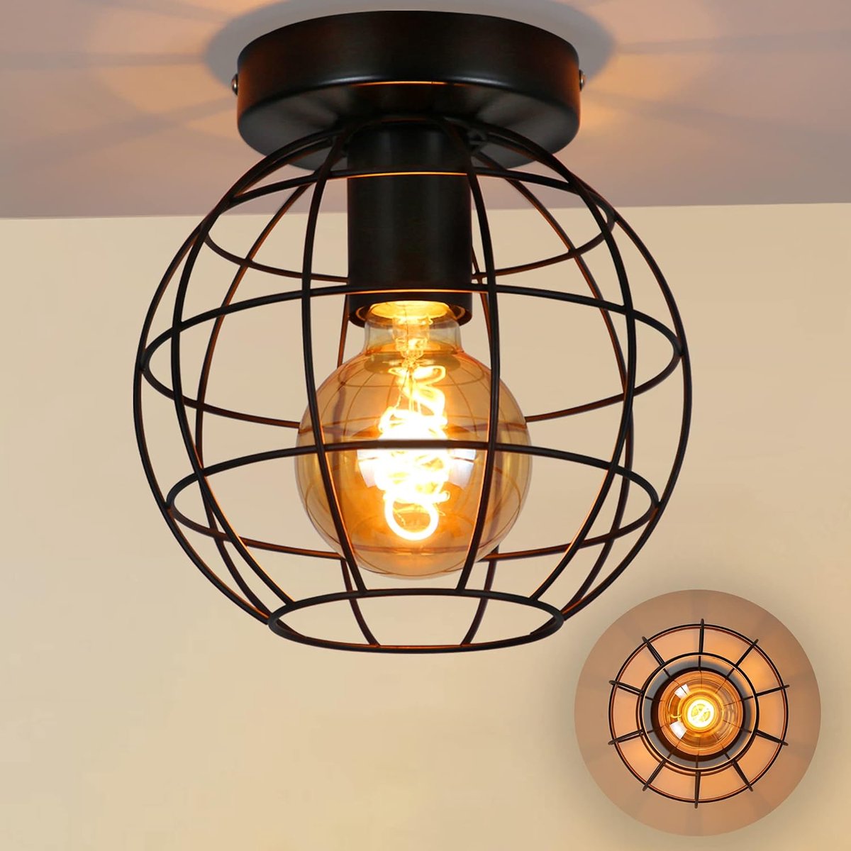 Glitzerlife Industrieel Vintage - Plafondlamp - Zwart Metalen Industrieel Design - 1-lichts E27 Fitting - max. 40W - Exclusief lichtbron - Voor Hal, Slaapkamer, Keuken, Woonkamer, Eetkamer