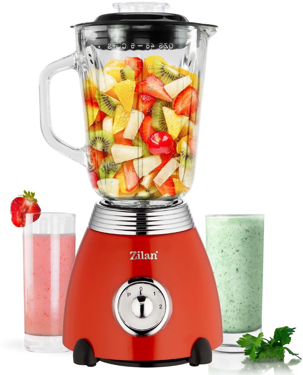 Zilan ZLN7057 Retro Blender – 1,5L Glazen Kan – 500W – 2 Snelheden + Pulse – RVS Mes – Rood