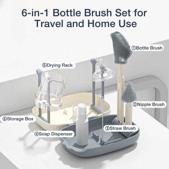6-in-1 babyflesreinigingsborstelset met borstkolfreiniger, tepelborstel, rietjesborstel, zeepdispenser, draagbaar droogrek, onmisbaar voor babyreizen — afbeelding 2