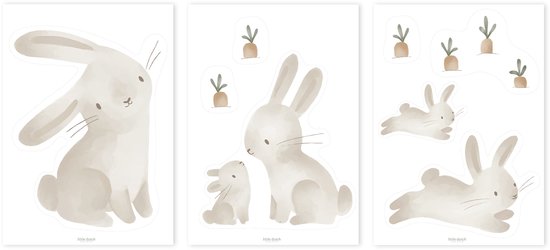 Drie vellen met muurstickers van Little Dutch: een zittend konijn, een konijnenfamilie en rennende konijnen met wortels.