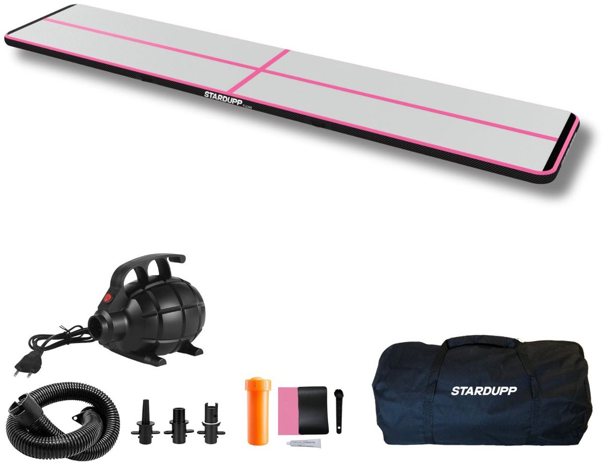 Stardupp Flow AirTrack Pink 500x100x10 CM - Speelmat - Turnmat - Gymmat - Sporten & Spelen - Buiten & Binnen - Turnen - Waterproof - Inclusief Elektrische pomp & Luxe Draagtas